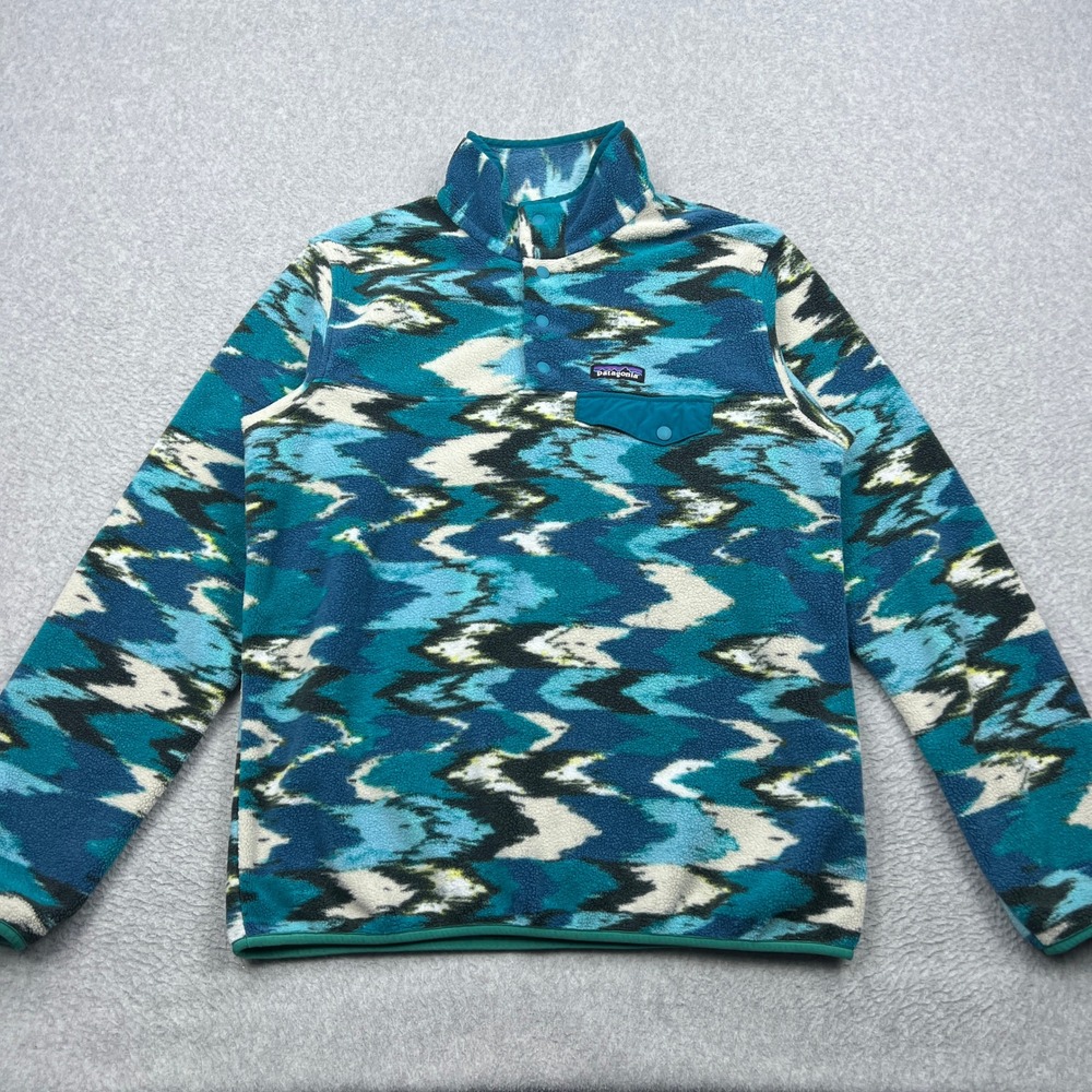 Patagonia Lightweight Synchilla Snap-T Womens Med Elwha Blue Multi Trout Tales